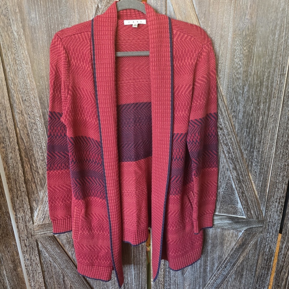 Cabi Sweater Women's Size Medium Red & Navy Blue Cardigan Open Front Pockets